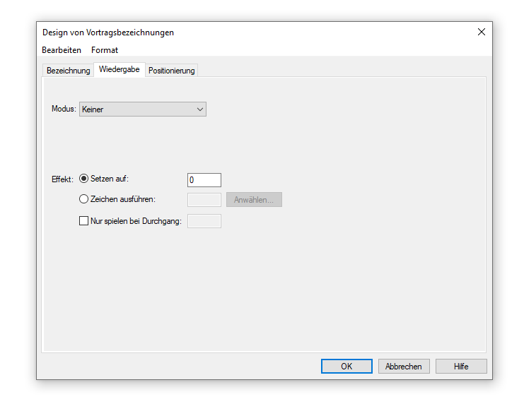 Dialogbox Design von Vortragsangaben – Wiedergabe