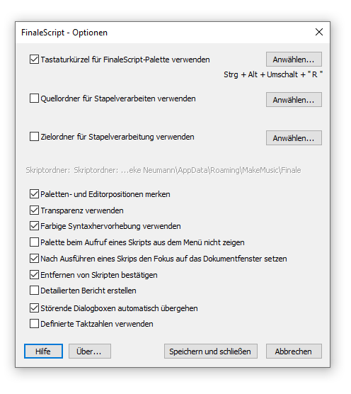 Dialogbox FinaleScript – Optionen