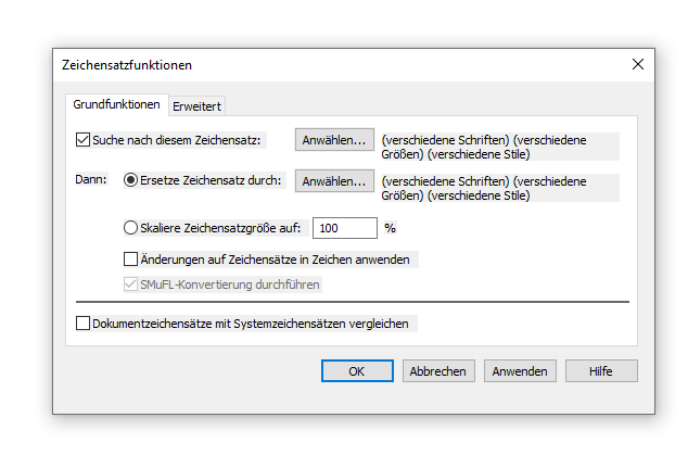 Dialogbox Zeichensatzfunktionen