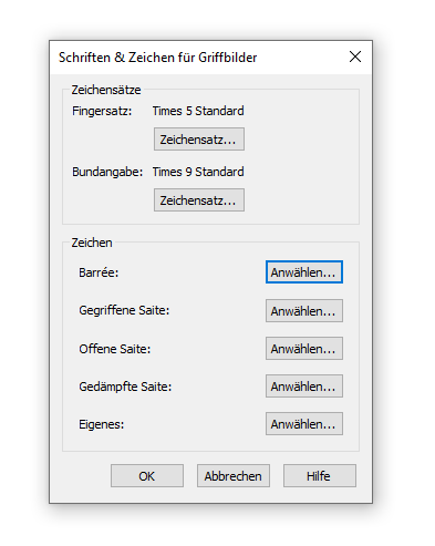 Dialogbox Schriften und Zeichen für Griffbilder
