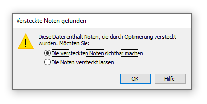 Dialogbox Versteckte Noten gefunden