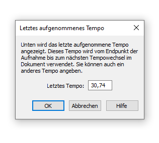 Dialogbox Letztes aufgenommenes Tempo