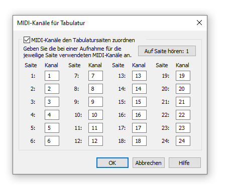 Dialogbox MIDI-Kanäle für Tabulatur