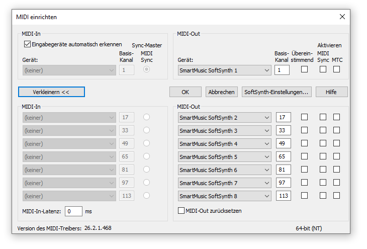 Dialogbox MIDI einrichten