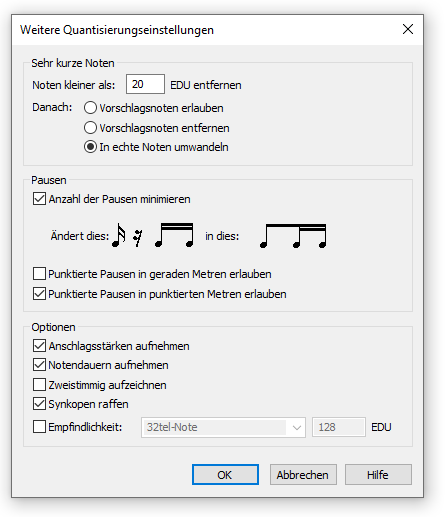 Dialogbox Weitere Quantisierungseinstellungen