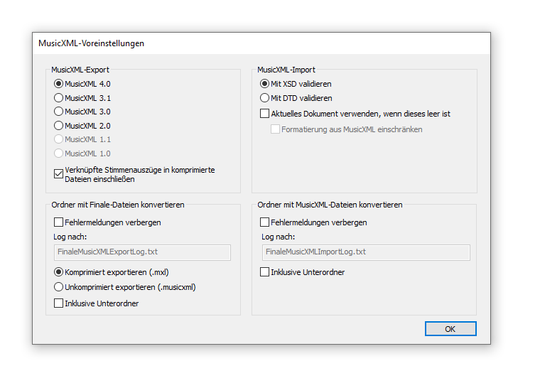 Dialogbox MusicXML-Voreinstellungen