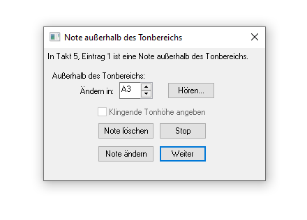Dialogbox Note außerhalb des Tonbereichs