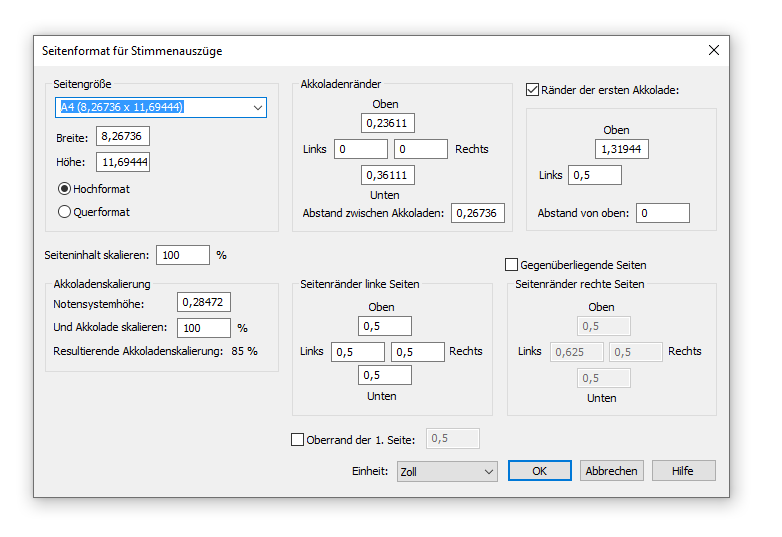 Dialogbox Seitenformat für Stimmenauszüge