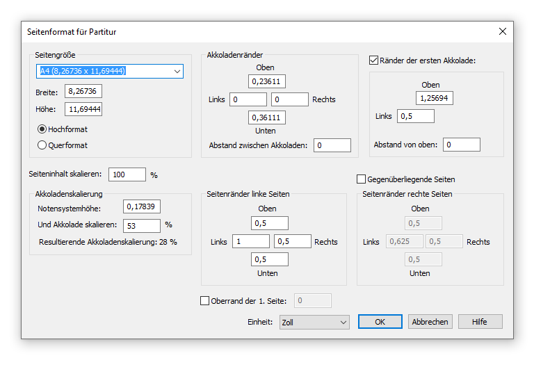 Dialogbox Seitenformat für Partitur