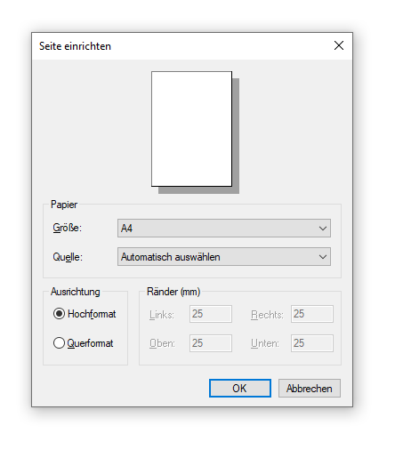 Dialogbox Seite einrichten