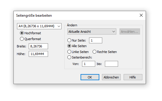 Dialogbox Seitengröße bearbeiten