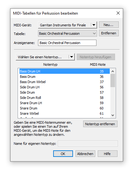 Dialogbox MIDI-Tabellen für Perkussion bearbeiten