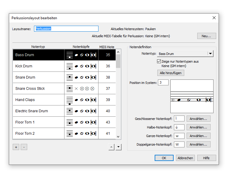 Dialogbox Perkussionslayout bearbeiten