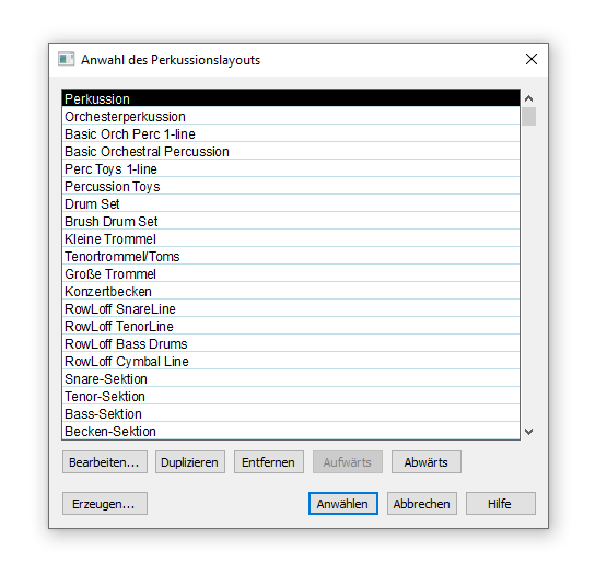 Dialogbox Anwahl des Perkussionslayouts