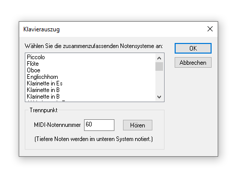 Dialogbox Klavierauszug 