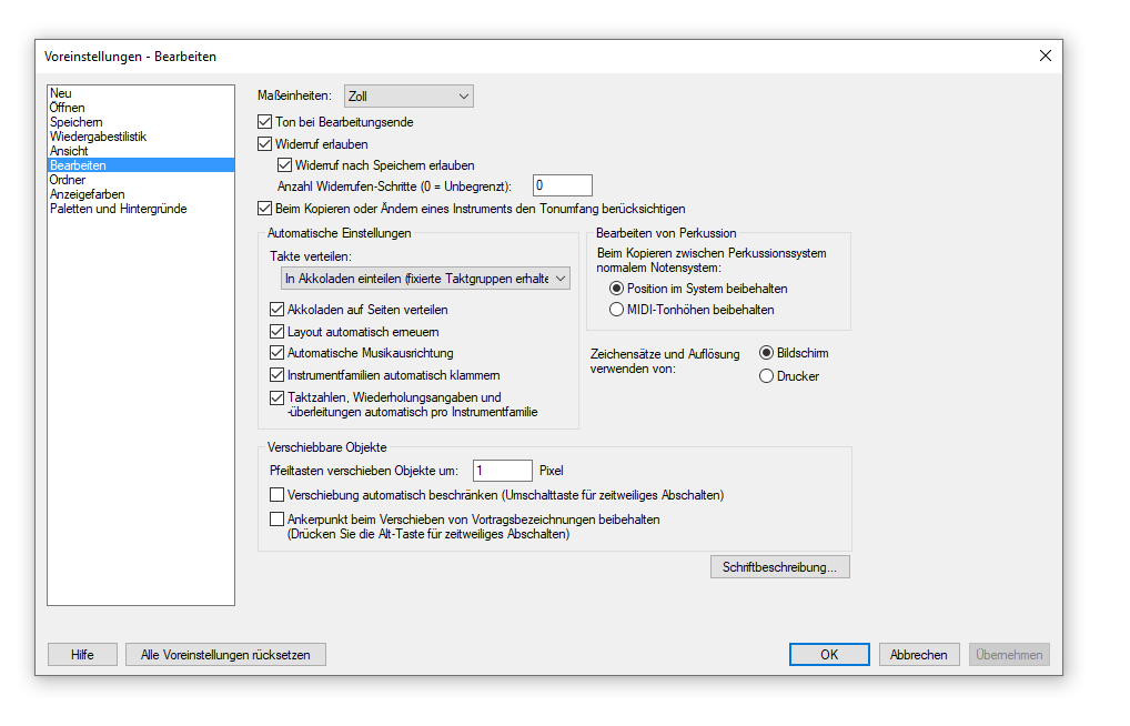 Dialogbox Voreinstellungen – Bearbeiten