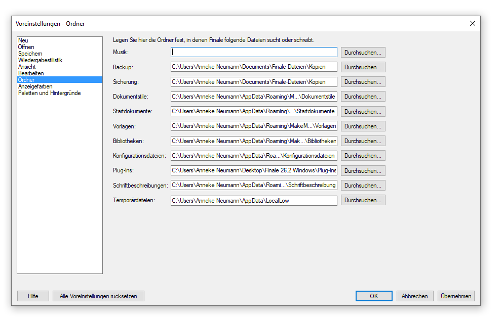 Dialogbox Voreinstellungen – Ordner