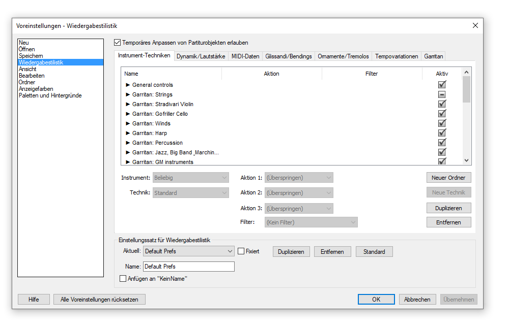 Dialogbox Voreinstellungen - Wiedergabestilistik