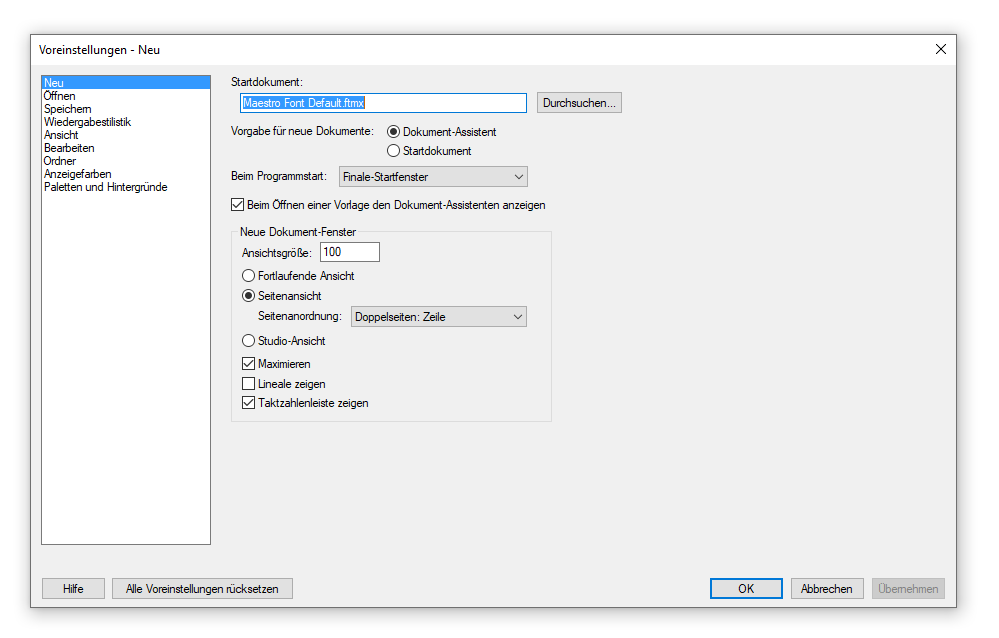 Dialogbox Voreinstellungen