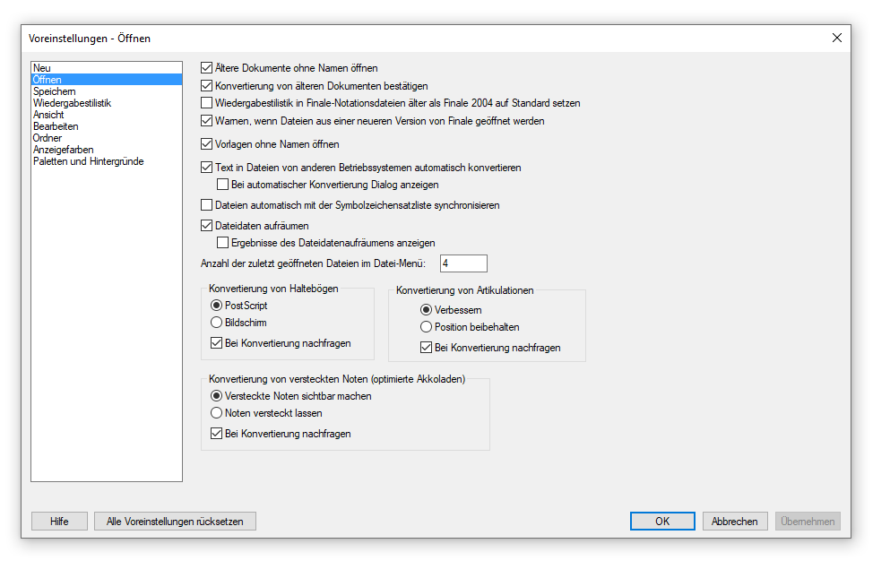 Dialogbox Voreinstellungen – Öffnen