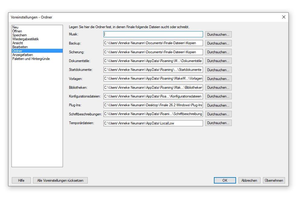 Dialogbox Voreinstellungen – Speichern
