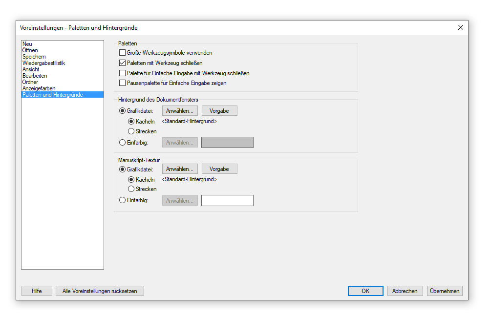 Dialogbox Voreinstellungen – Paletten und Hintergründe