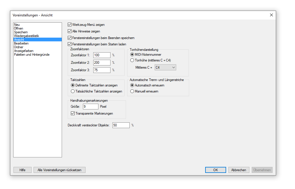 Dialogbox Voreinstellungen  – Ansicht