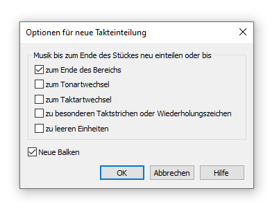 Dialogbox Optionen für neue Takteinteilung