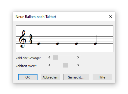 Dialogbox Neue Balken nach Taktart