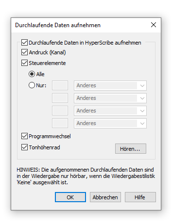 Dialogbox Durchlaufende Daten aufnehmen