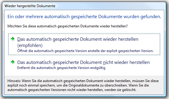 Dialogbox Wiederhergestellte Dokumente