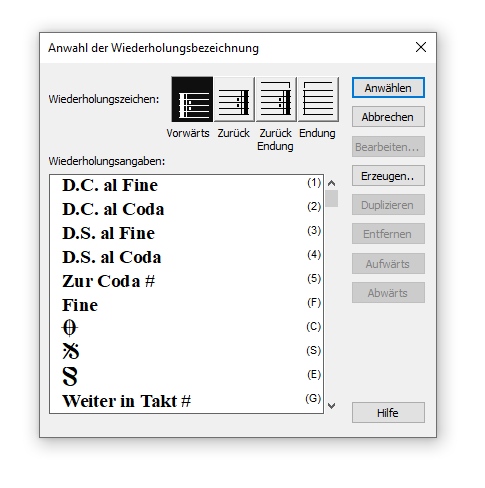 Dialogbox Anwahl der Wiederholungsbezeichnung