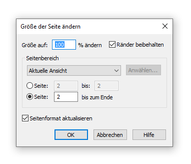 Dialogbox Größe der Seite ändern