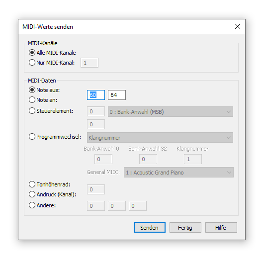 Dialogbox MIDI-Werte senden