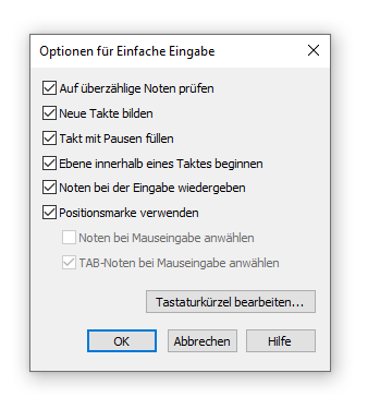 Dialogbox Optionen für Einfache Eingabe