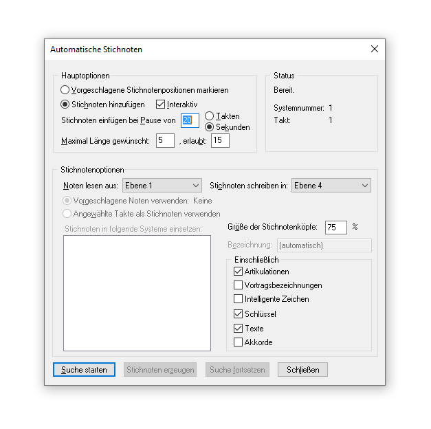 Dialogbox Automatische Stichnoten