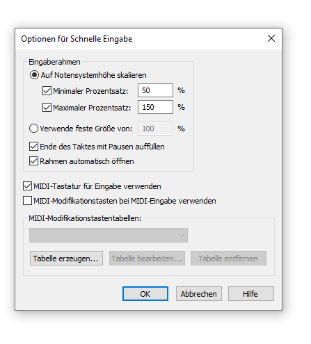 Dialogbox Optionen für Schnelle Eingabe