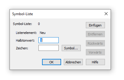 Dialogbox Symbol-Liste