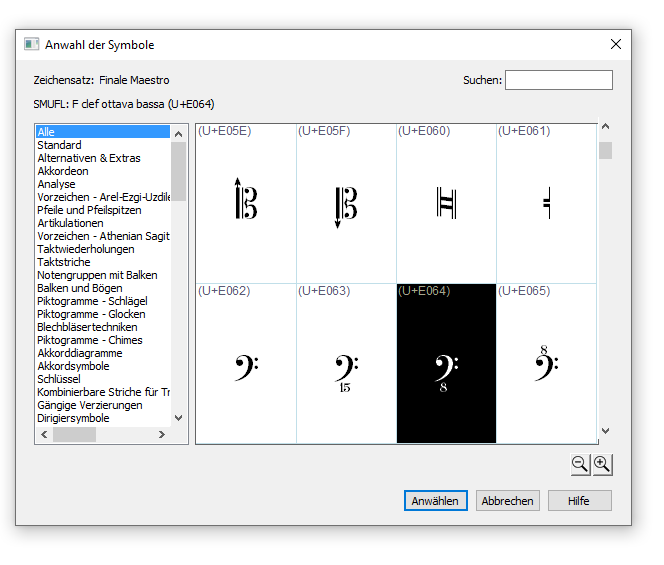 Dialogbox Anwahl der Symbole