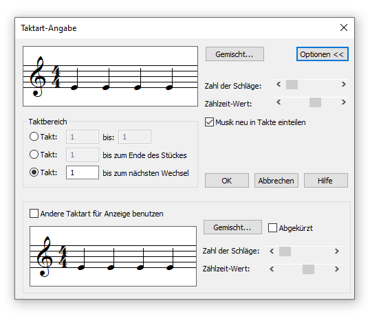 Dialogbox Taktart-Angabe