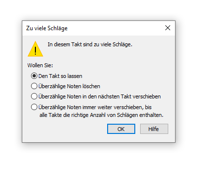 Dialogbox In diesem Takt sind zu viele Schläge