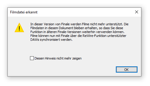 Dialogbox Warnung: Filmdatei erkannt